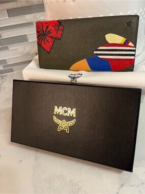 MCM Olive Leather Continental Wallet with Red, Yellow, Blue and Orange Accents